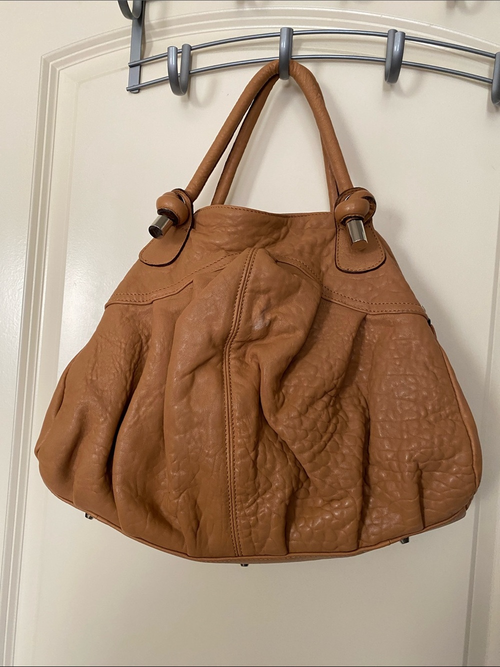 Sundance Caramel Brown Gathered Leather Hobo Bag w Silver Accents - Picture 2 of 6